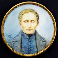 A miniature portrait of Louis Braille by Lucienne Filippi, on ivory.