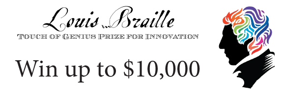 touch of genius prize logo with colorful louis braille profile
