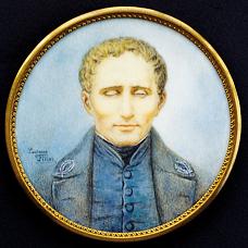 Un retrato en miniatura de Louis Braille realizado por Lucienne Filippi, sobre marfil.